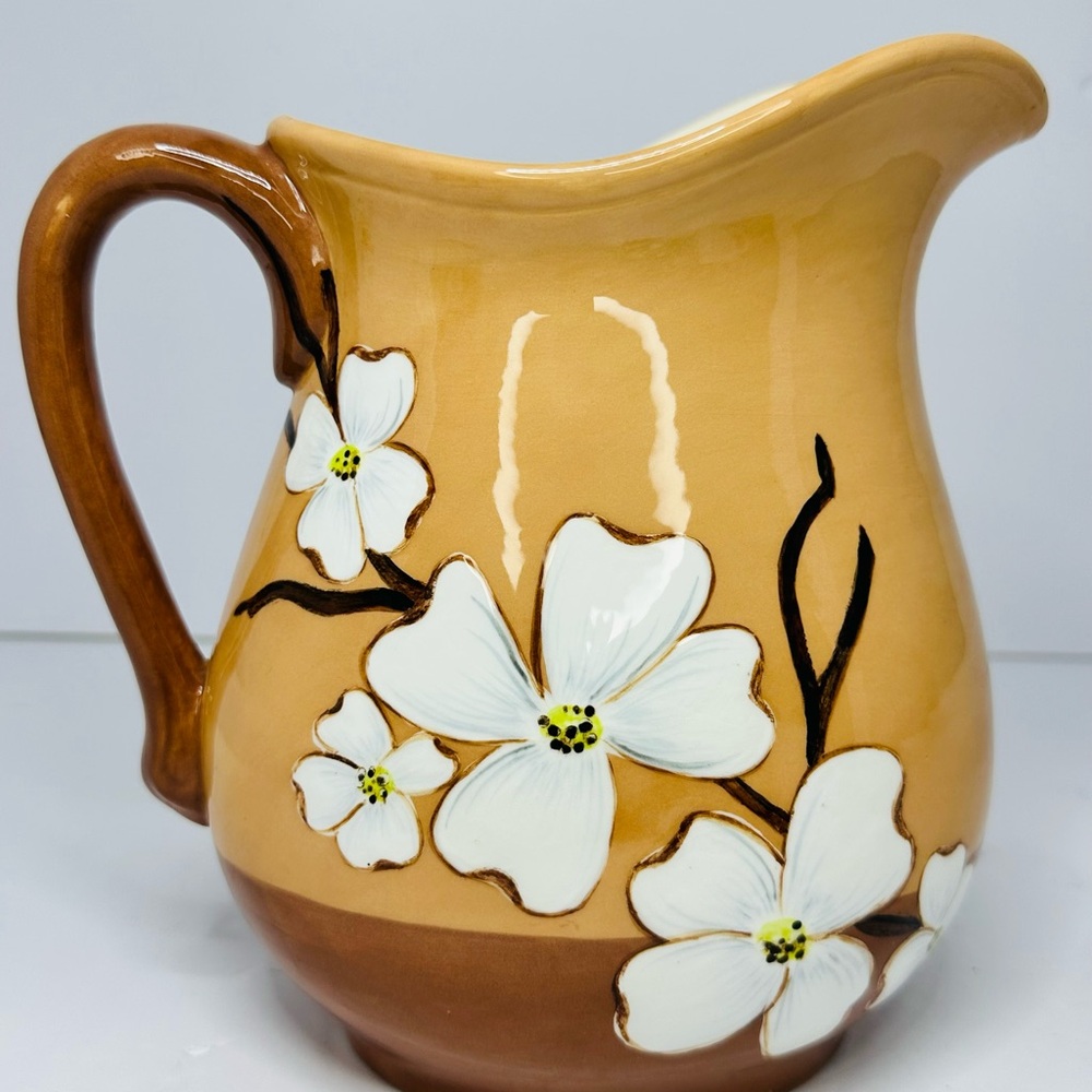 Floral Painted Ceramic Pitcher - Brown and White Beautiful Piece